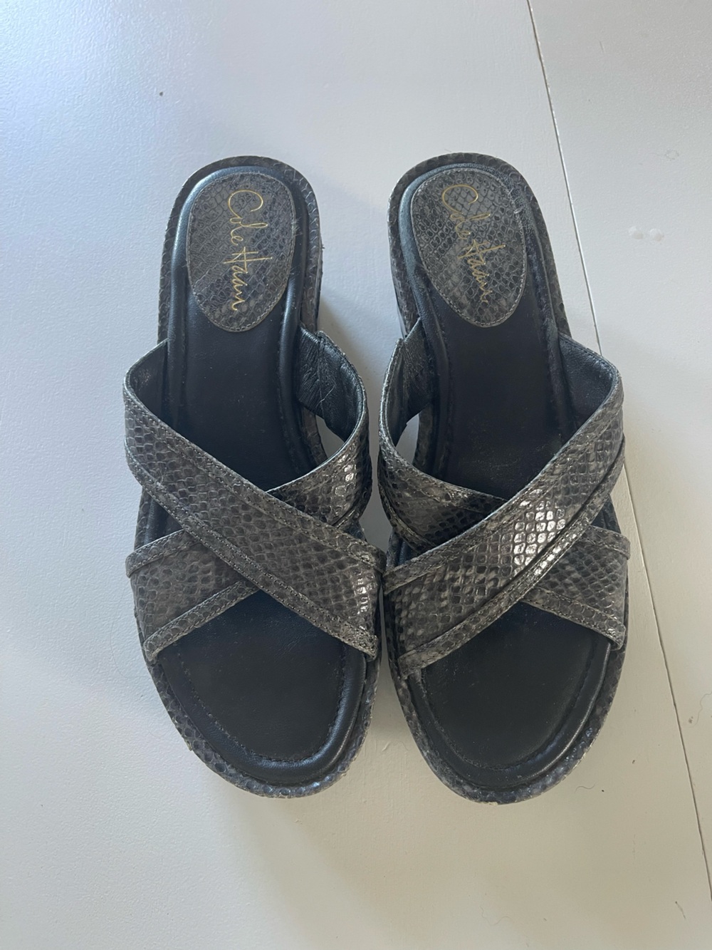 Cole Haan Dark Charcoal Metallic Crisscross Slide Sandals